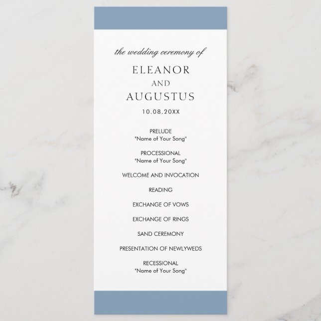 Minimal Classic Simple Elegant Dusty Blue Wedding Programm (Vorderseite)