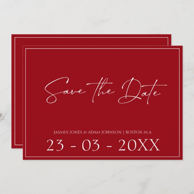 Minimal Crimson Red Script Wedding Save the Date (Vorne/Hinten)
