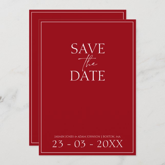 Minimal Crimson Red Script Wedding Save the Date (Vorne/Hinten)