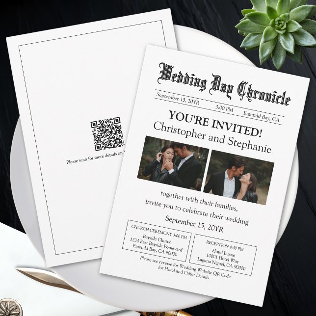 Minimal Custom 2 Foto QR Code Zeitung Hochzeit Einladung (Customized Stylish Newspaper Style QR Code White Wedding Invitation)