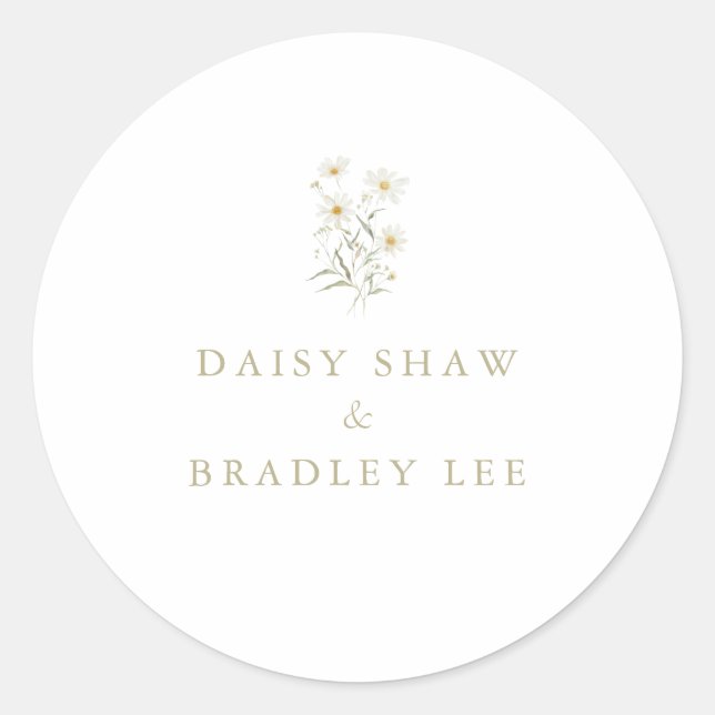 Minimal Daisy Floral Watercolor Hochzeit Runder Aufkleber (Vorderseite)