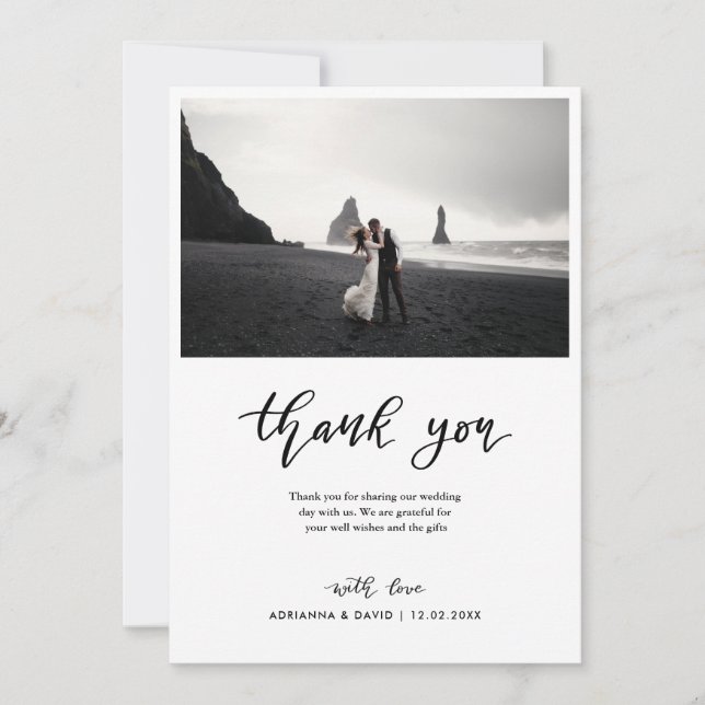Minimal Danke, Script Wedding Couple Foto Dankeskarte (Vorderseite)