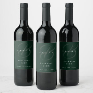 Minimal Deep Forest Green Elegant Monogram Company Weinetikett
