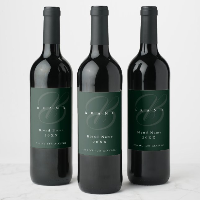 Minimal Deep Forest Green Elegant Monogram Company Weinetikett (Flaschen)
