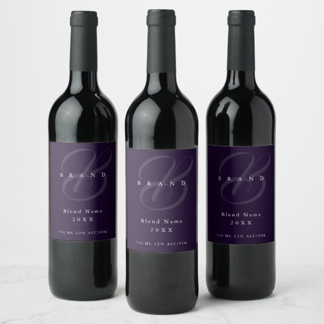 Minimal Deep Plum Lila Elegant Monogram Company Weinetikett (Flaschen)