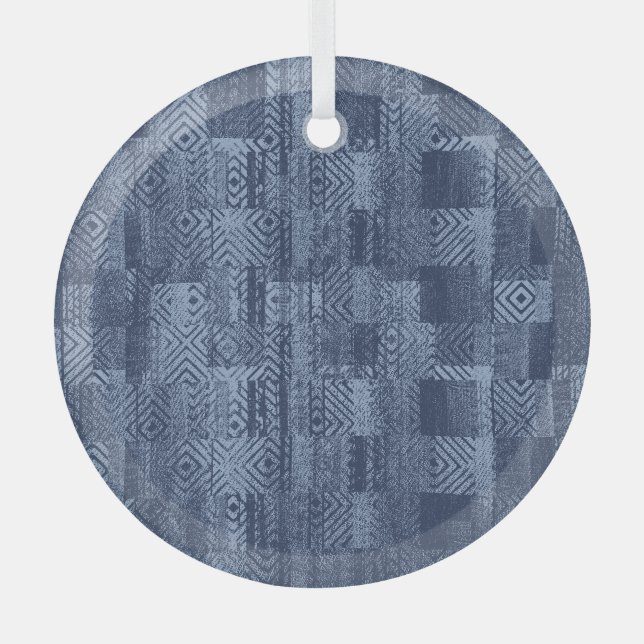 Minimal Denim Abstrakten Memphis-Patchwork Ornament Aus Glas (Vorderseite)
