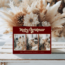 Minimal Drei Foto Burgundy Red Frohe Weihnachten Folien Feiertagskarte