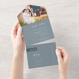 MINIMAL DUSKY BLAUE GRAU MONOGRAM WEDD FOTO ALLE ALL IN ONE EINLADUNG
