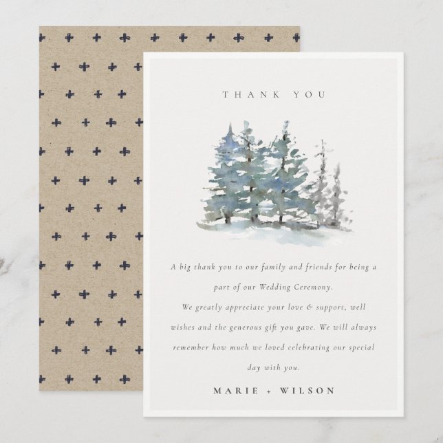 Minimal Dusky Green Blue Pine Tree Woods Wedding Dankeskarte (Vorne/Hinten)