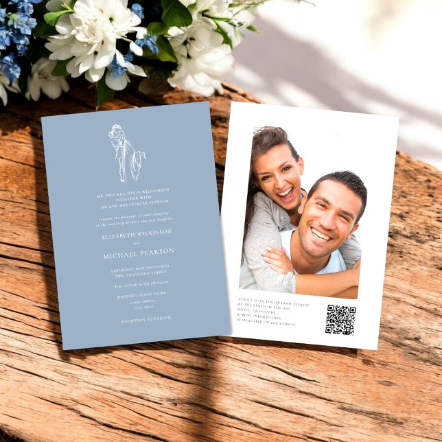 Minimal Dusty Blue Formal qr Code Hochzeitswebsite Einladung (minimalistic dusty blue photo qr code for wedding website all in one i wedding nvitation)