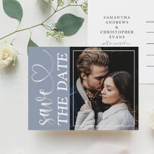 Minimal Dusty Blue Foto & Herz Save the Date An Ankündigungspostkarte