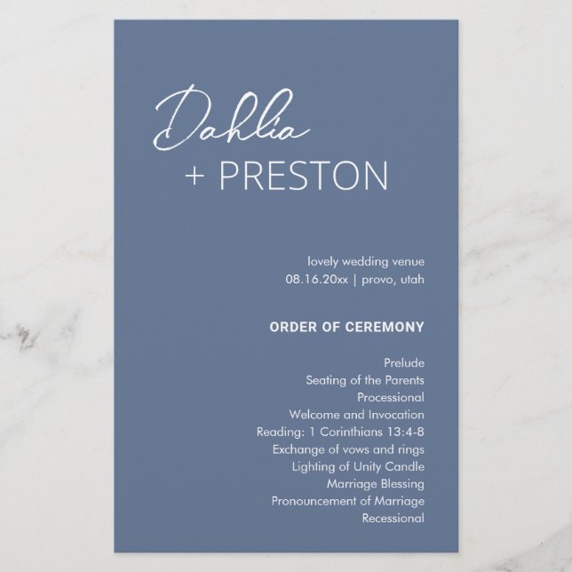 Minimal Dusty Blue Modern Wedding Program (Vorderseite)