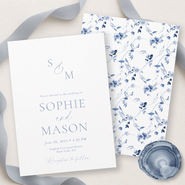 Minimal Dusty Blue Monogram Wedding Invitation (Créateur téléchargé)