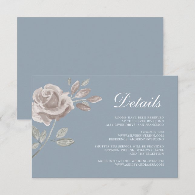 Minimal Dusty Blue Rose Wedding Details Begleitkarte (Vorne/Hinten)