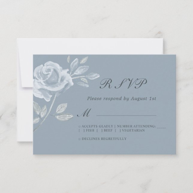 Minimal Dusty Blue Rose Wedding RSVP Karte (Vorderseite)