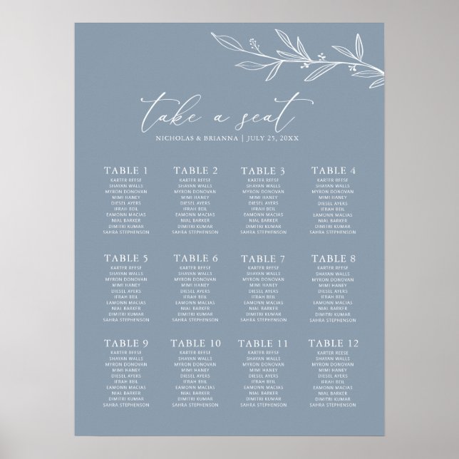 Minimal Dusty Blue Wedding 12 Table Seating Chart Poster (Vorne)
