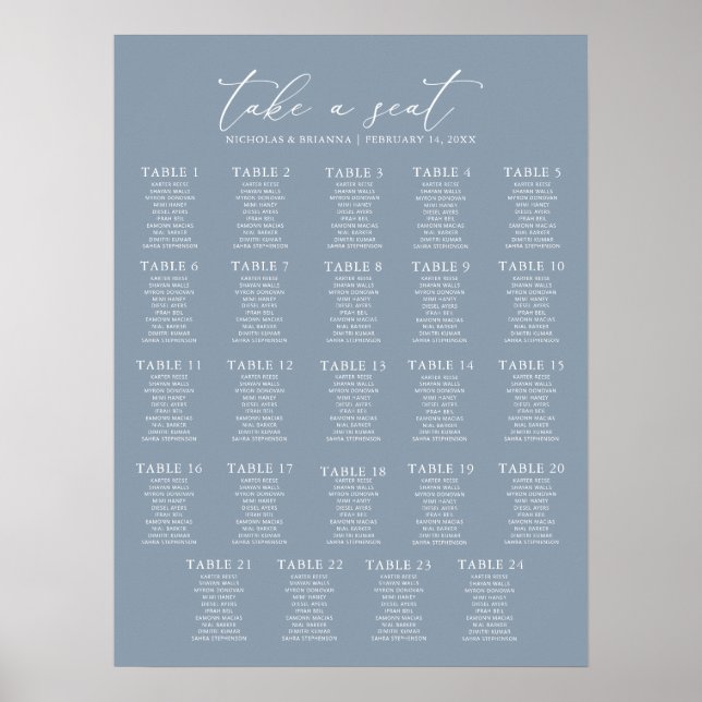 Minimal Dusty Blue Wedding 24 Table Seating Chart Poster (Vorne)