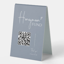 Minimal Dusty Blue Wedding Honeymoon Fund QR Code Tischaufsteller