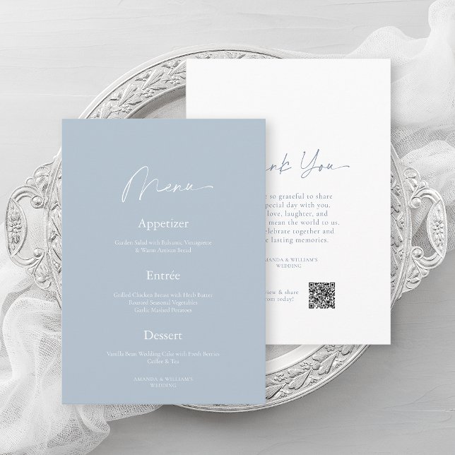 Minimal Dusty Blue Wedding Menu & Thank You Card Einladung (Von Creator hochgeladen)