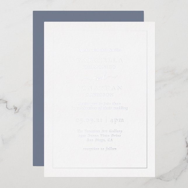 Minimal Dusty Blue Wedding Silver Foil Einladung (Vorderseite/Rückseite)