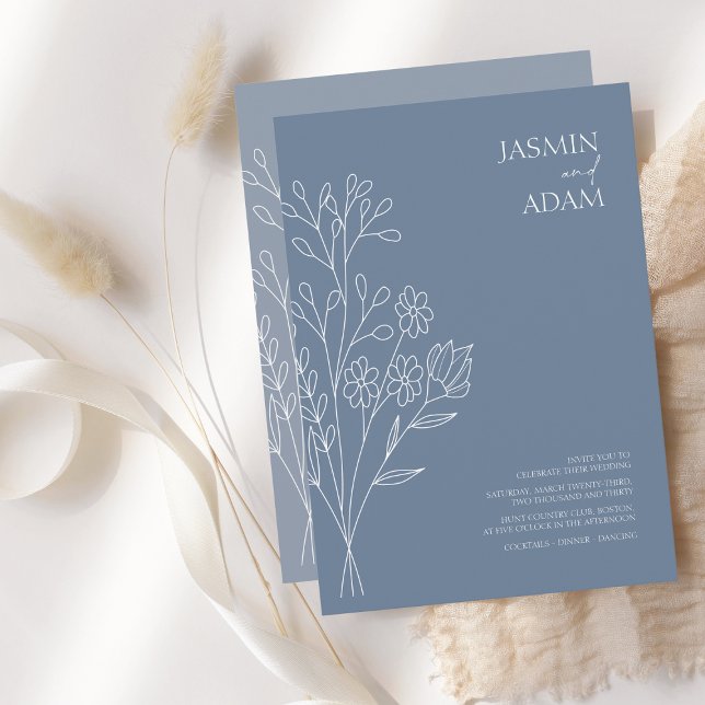 Minimal Dusty Blue White Wildblumen Hochzeit Einladung (Von Creator hochgeladen)