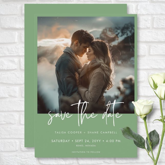 Minimal Dusty Sage Green Modernes Foto Hochzeit Save The Date (Minimal Dusty Sage Green Modern Photo Wedding Save The Date)