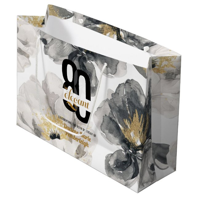 Minimal Eighty & Elegant Black Gold 80th Birthday Große Geschenktüte (Vorderseite Schrägansicht)