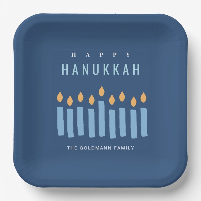 Minimal einfache blaugelbe Kerzen glücklich Hanukk Pappteller (Vorderseite)