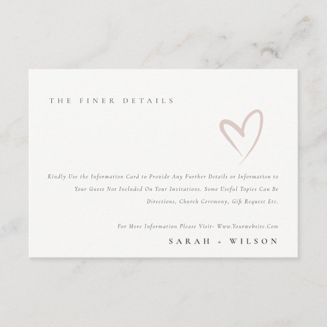 Minimal einfache Script Blush Heart Wedding Detail Begleitkarte (Vorderseite)