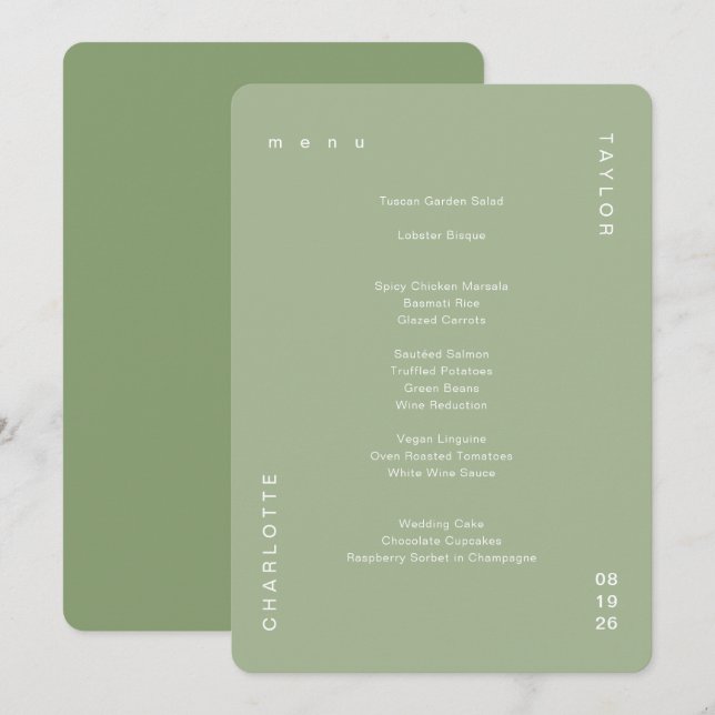 Minimal einfache Seite Grün Hochzeitsessen Menükarte (Vorne/Hinten)