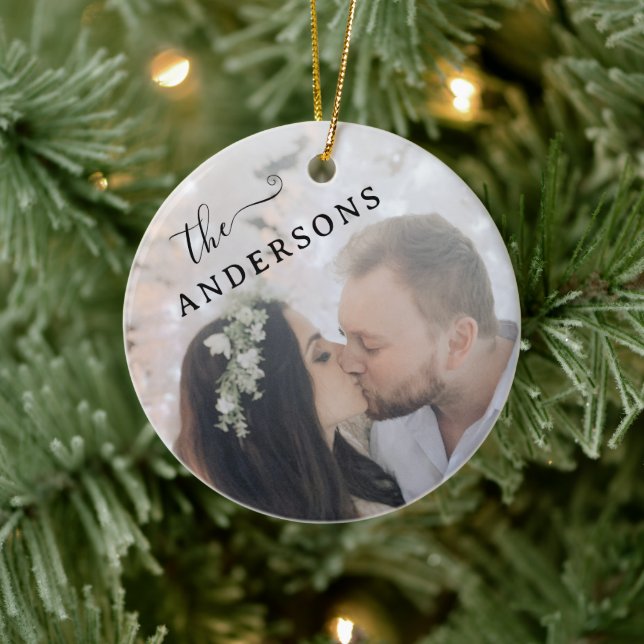Minimal Elegant Angled Newlywed Foto Keramik Ornament (Baum)