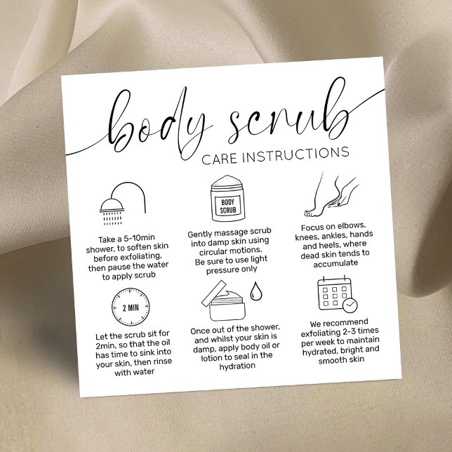Minimal Elegant Black White Body Scrub Care Cards Quadratische Visitenkarte (Modern body scrub instructions cards with care icons, space for your logo and elegant calligraphy)