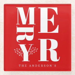 Minimal Elegant Bright Red White Frohe Weihnachten Glasuntersetzer