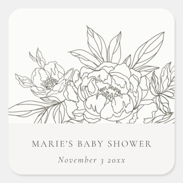 Minimal Elegant Brown Floral Sketch Babydusche Quadratischer Aufkleber (Vorderseite)
