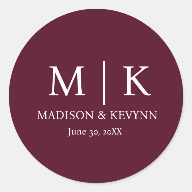 Minimal & elegant Burgundy Monogram Wedding Runder Aufkleber (Vorderseite)