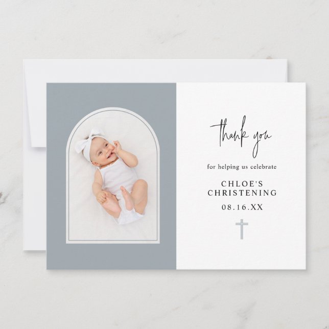 Minimal Elegant Dusty Blue Arch Foto Christening  Dankeskarte (Vorderseite)