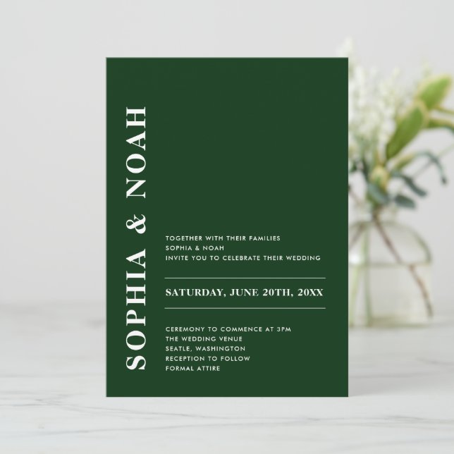Minimal Elegant Emerald Green Moderne Hochzeit Einladung (Stehend Vorderseite)