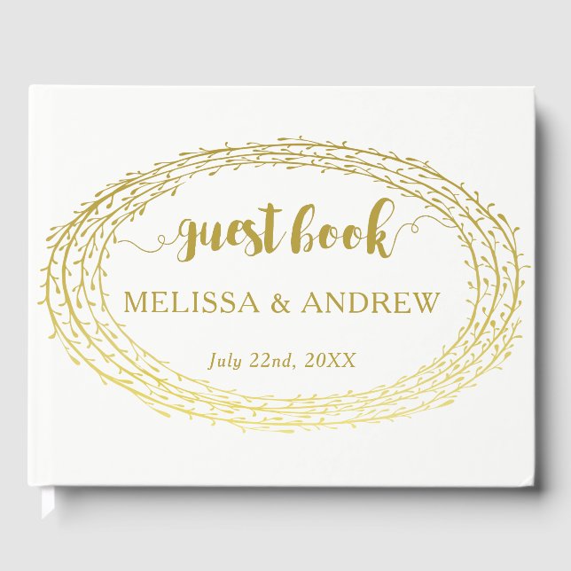 Minimal Elegant Gold Wreath Wedding Gästebuch (Vorderseite)