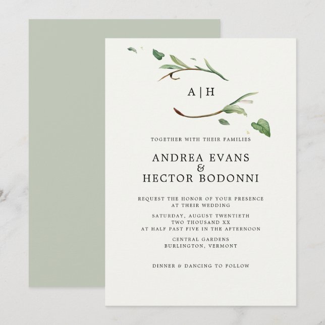 Minimal Elegant Greenery Monogram Wedding Einladung (Vorne/Hinten)