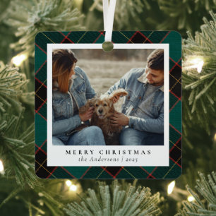 Minimal Elegant Grün Kariertes Weihnachtskuppel Fo Ornament Aus Metall