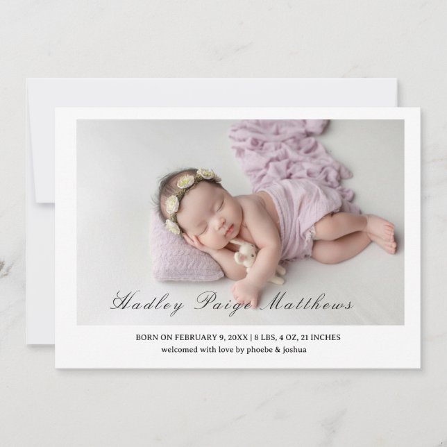 Minimal Elegant Script Baby Girl Arrival Card Ankündigung (Vorderseite)