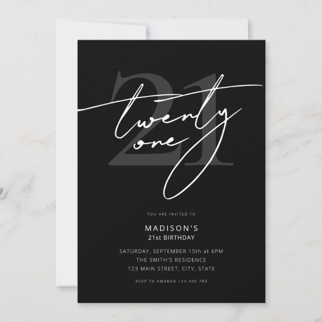 Minimal Elegant Script Black 21. Geburtstag Party Einladung (Vorderseite)