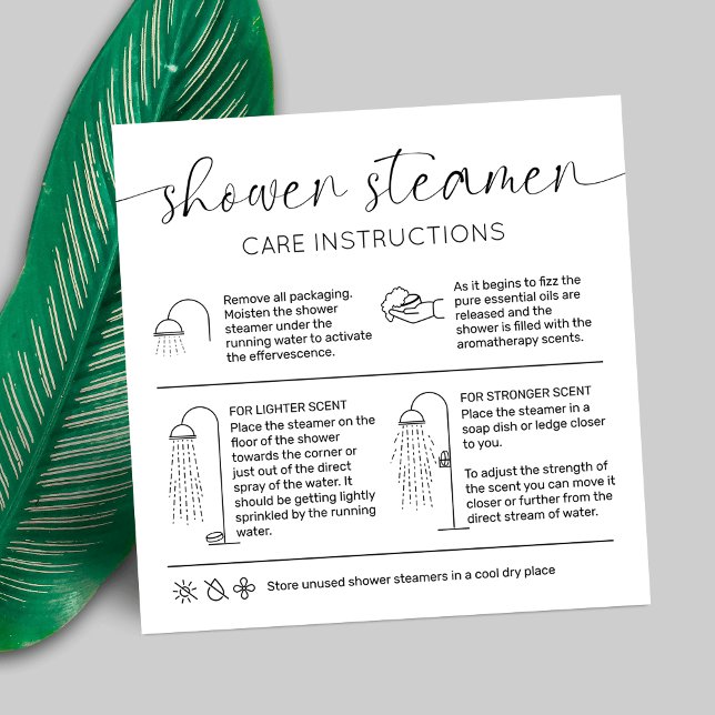 Minimal Elegant Shower Steamer Care Instructions Quadratische Visitenkarte (Shower steamer instructions cards with icons, elegant script font and modern layout)