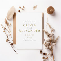Minimal Elegant White & Gold Wedding Invitation