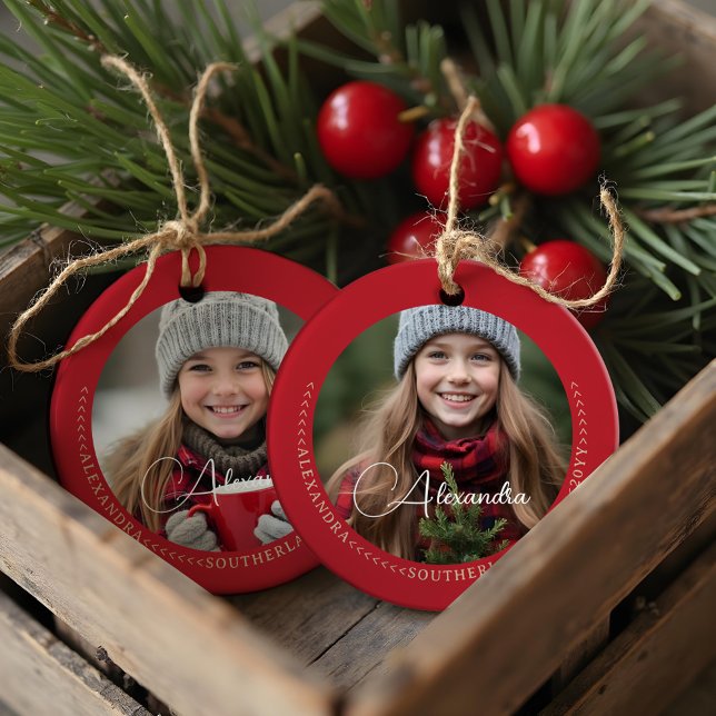 Minimal Elegant Zwei-Foto Collage halten Red Keramik Ornament (Minimal Elegant Two Photo Collage Keepsake Red Ceramic Ornament)