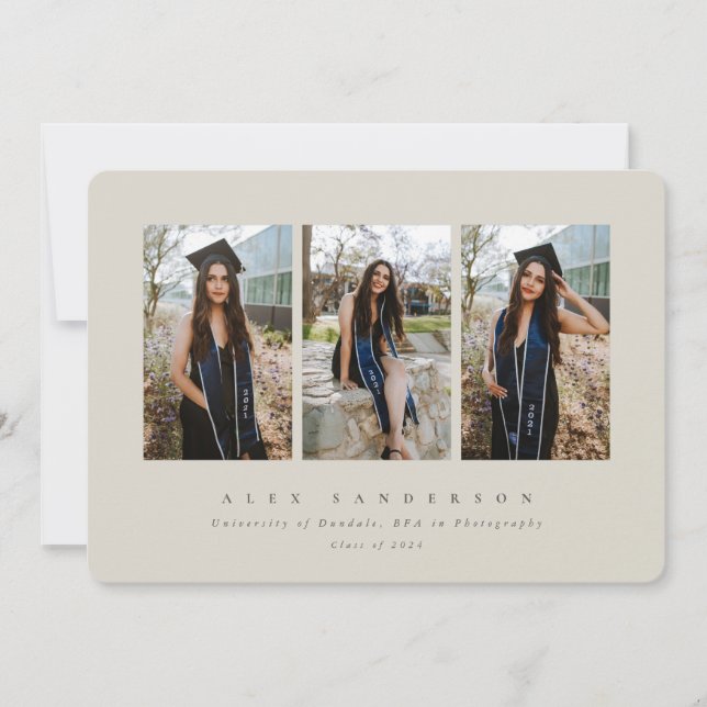 Minimal Elegante Beige Triple Foto Abschluss Ankündigung (Vorderseite)