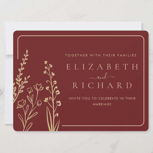 Minimal Elegante Gold Burgund Wildblume Hochzeit Einladung (Vorderseite)