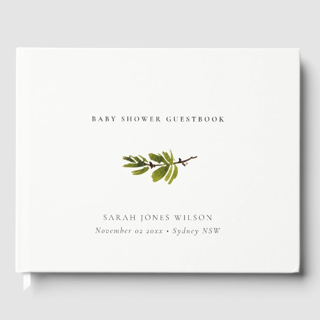 Minimal elegante grüne Pine Branch Baby Dusche Gästebuch (Vorderseite)