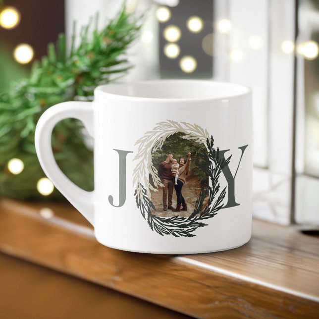 Minimal Elegante Joy Winter Garland Foto Kart Espressotasse (Minimal Elegant Joy Winter Garland Photo Wreath Espresso Cup)