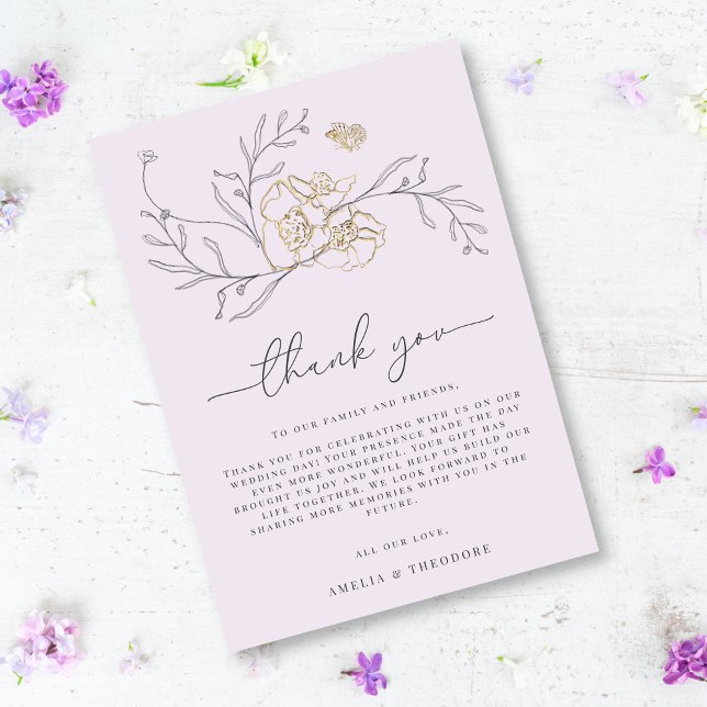 Minimal Elegante Linie Floral Lilac Gold Hochzeit Dankeskarte (Von Creator hochgeladen)